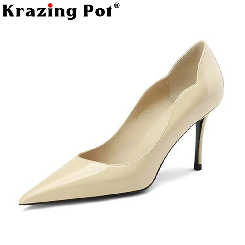 

Krazing Pot Cow Split Leather Pointed Toe Thin High Heels Modern Shoes Design Grace Solid Mature Wedding Slip on Maiden Pumps