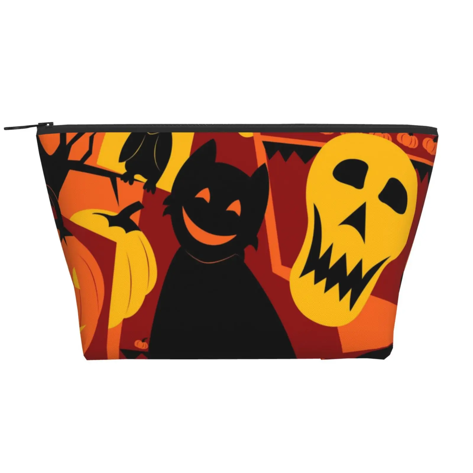 

Black Cat Scary Face Holiday Cosmetic Bag Storage Organizer Halloween Trapezoid Daily Side Bag for Ladies Folding