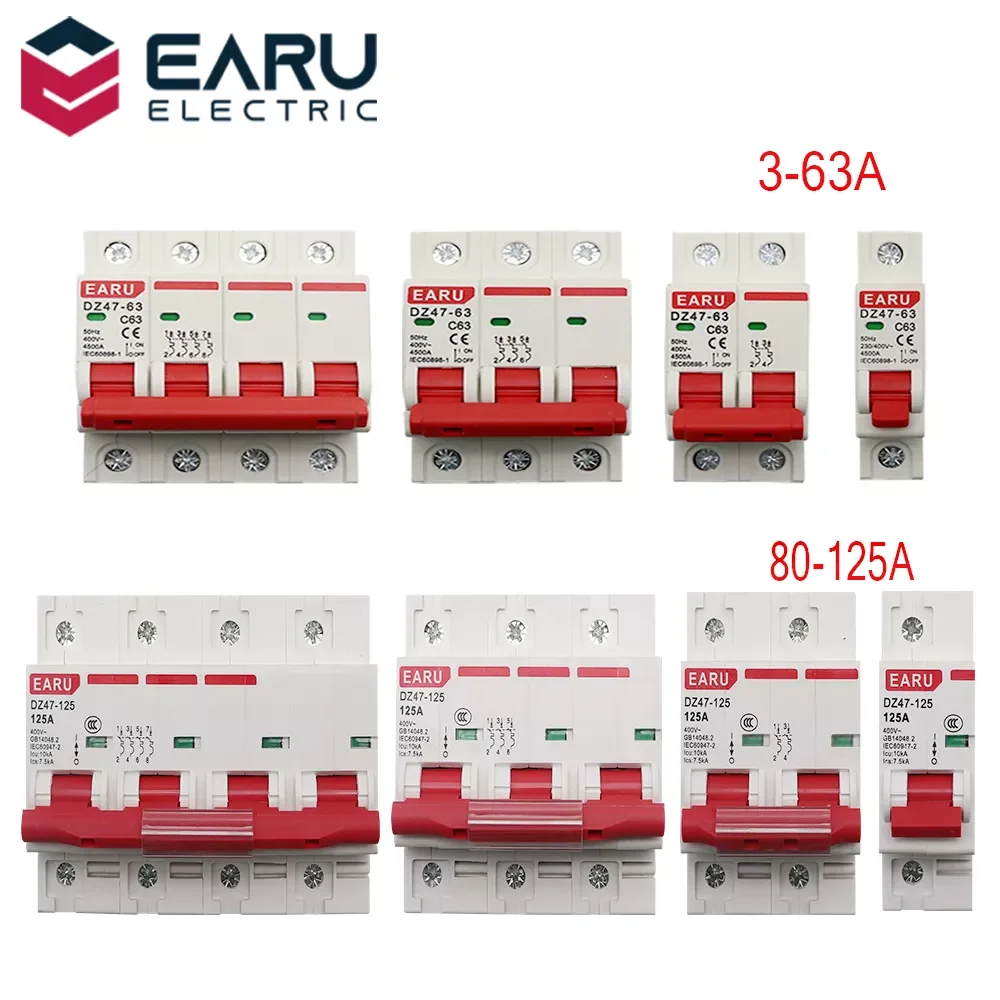 

DZ47 400V 1-4P 3-125A C Type Mini Circuit Breaker MCB Short Overload Circuit Protector 35mm Din Rail Mount Breaking Capacity 6KA