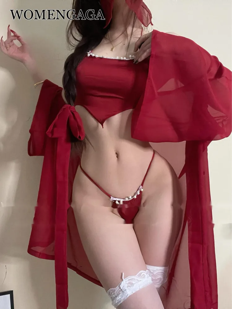 

Exotic Red Sweet Retro Pearl Tank Tops Halter Bellyband And T-back Long Mini Shirt Nightdress Pajamas KX8V