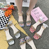 chain flat printed square sandals women new metal chain heel roman shoes heel candy color floral flat bottom modern sandals sexy