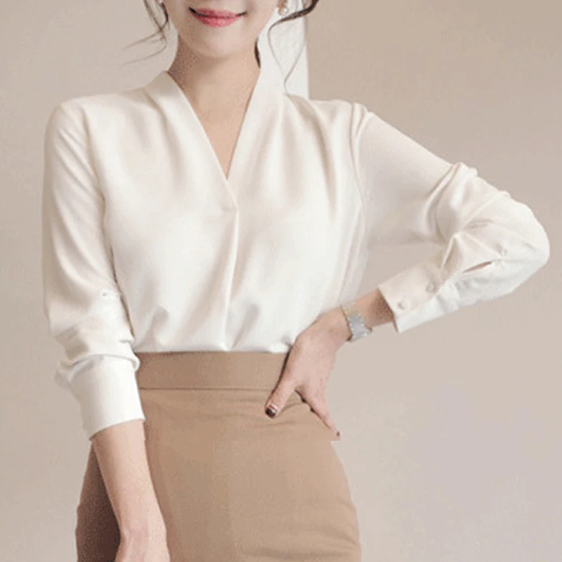 

Korean Style Spring V-neck Shirts Elegant Long Sleeve Chiffon Blouses Female Office-lady Loose Socialite Womens Tops 9382 50