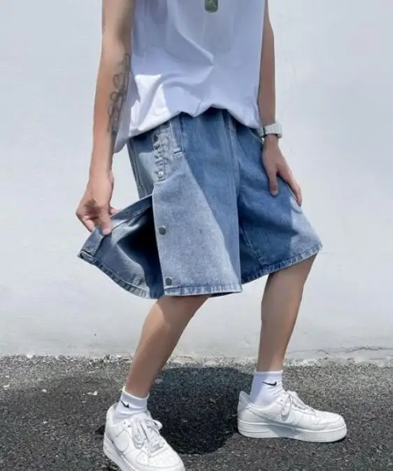 Breasted Denim Shorts Men's Summer Outwear Shorts Wide-Leg Pants Loose Knee Length Pants