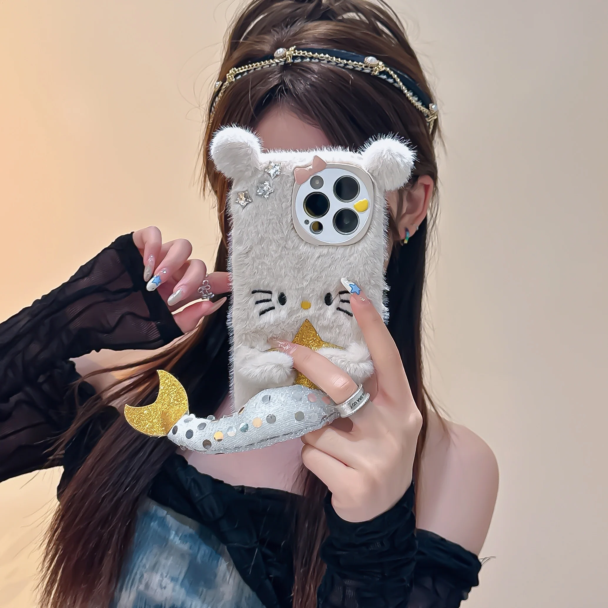 

3D Sanrio Hello Kitty Mermaid Winter Plush Phone Cases For iPhone 15 14 13 12 11 Pro Max Back Cover