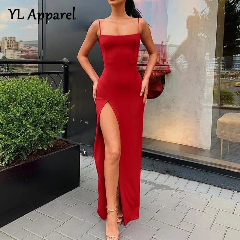 

Sexy Women 2022 New Sleeveless High Split Evening Party Dress Female Clothing Y2K Solid Black Red Slim Long Slip Prom Dresses