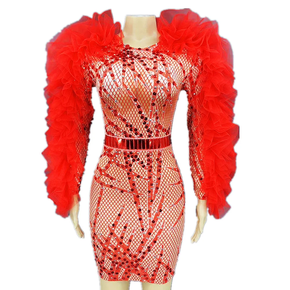 

Sequins Rhinestones Plaid Gauze Dress Multicolor Perspective Knee-Length Long Sleeve Ladies Dance Costume Bar Dance Clothing