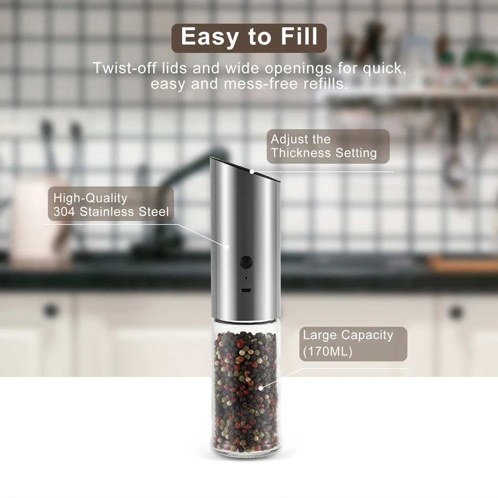 

USB Rechargeable Pepper Mill Electric Salt and Pepper Grinder Adjustable Coarseness Automatic Spice Milling Machine Kitchen Tool