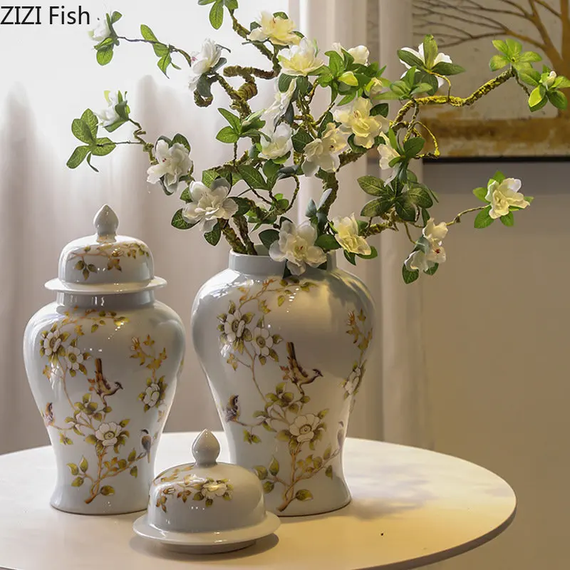 

Цветочные и птичьи узоры, керамическая банка для хранения, искусственная Цветочная ваза, фарфоровые косметические контейнеры, украшение для стола