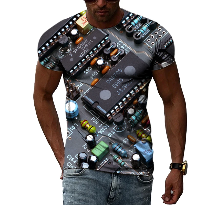 

O-neck Casual Men's Top 3D Printed Electronic Chip Pattern Short-sleeved Summer Creative Breathable Sports Fitness Street Top