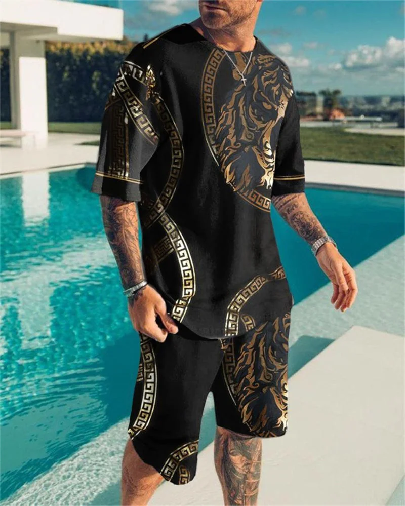 New Summer European and American Oversized Men's Sets Trend Casual Beach Style Texture 3D Digital Printing T-shirt Shorts Suit