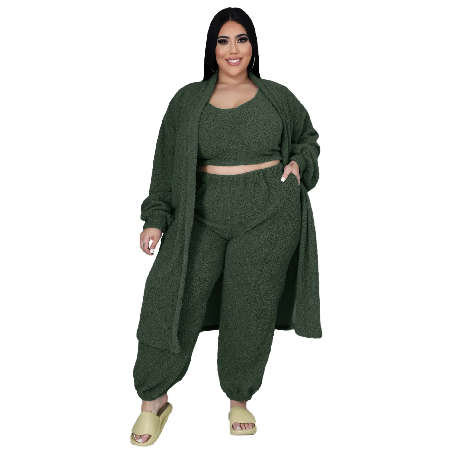 Plus Size Women Clothing 3 Pieces Sets Crop Top Vest and Long Sleeve Coat Pants Set Sexy Outfits Tracksuit Wh 3xl 4xl 5xl 6xl