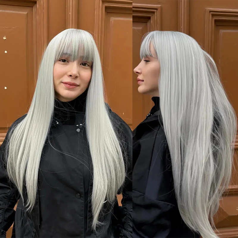 Silver Gray Wig with Bangs Ash Grey Cosplay Drag Queen Long Straight Wigs Synthetic Colorful