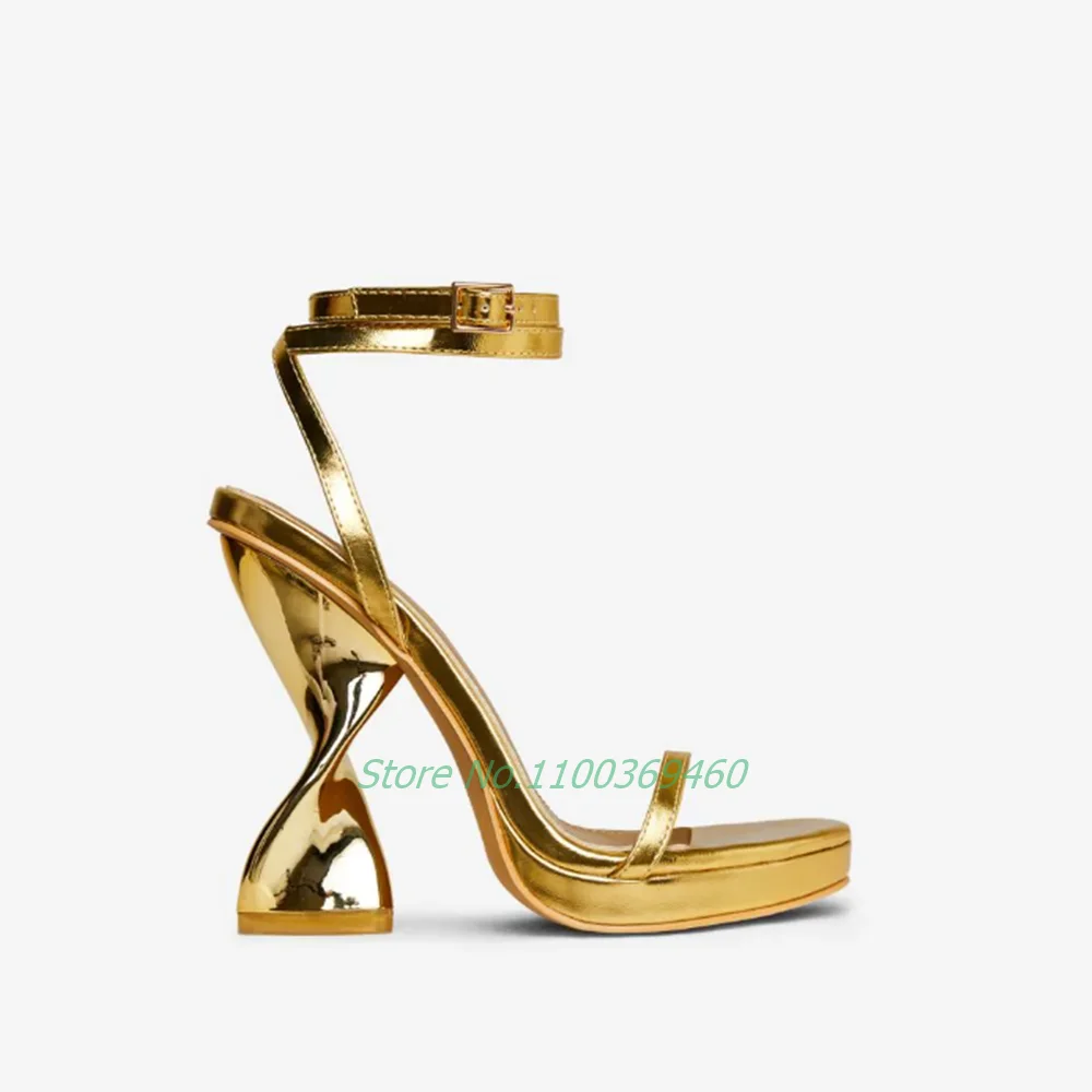 

Strange Style Platform Peep Toe Sandals Twisted Statement Heel Special Concise Ankle Buckle Metallic Faux Leather Women Shoes