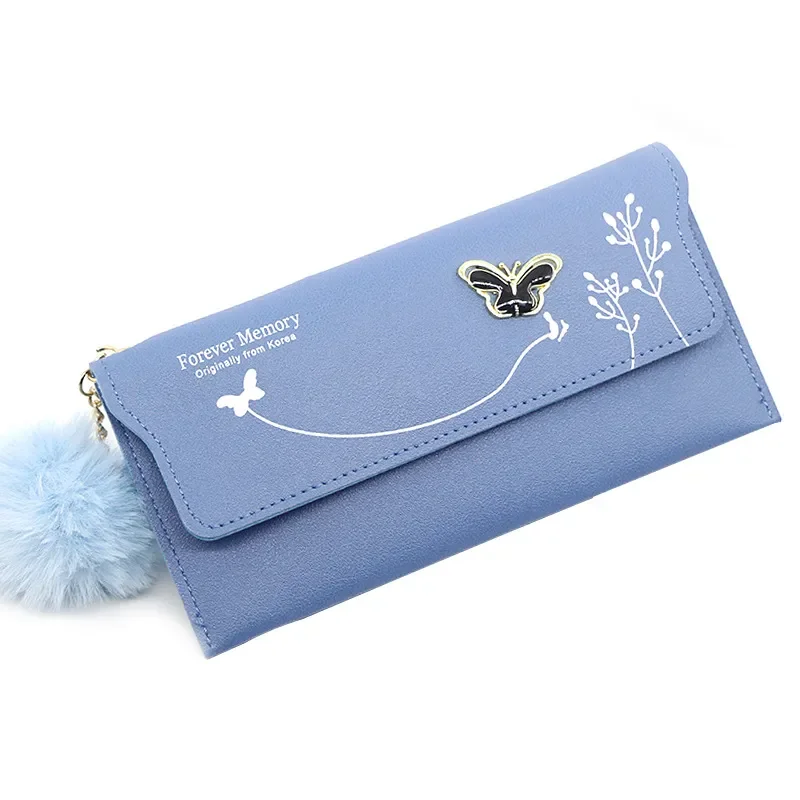 New Women Long Wallets Pure Color Wool Ball Bow Clutch Bag Women's Long Bag Card Bag Coin Purse 2022