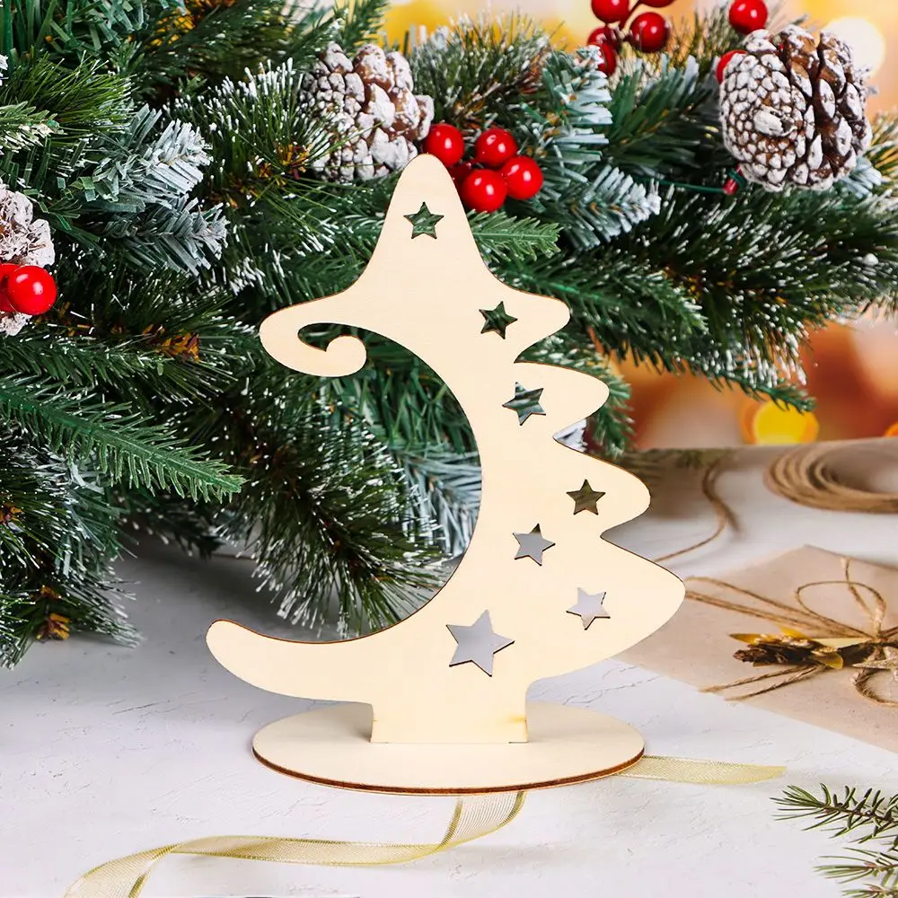 

1PC Wooden Christmas Tree Ornaments Crafts with Stand Star Wood Slices Xmas Tree Decor Handmade Christmas Decorations