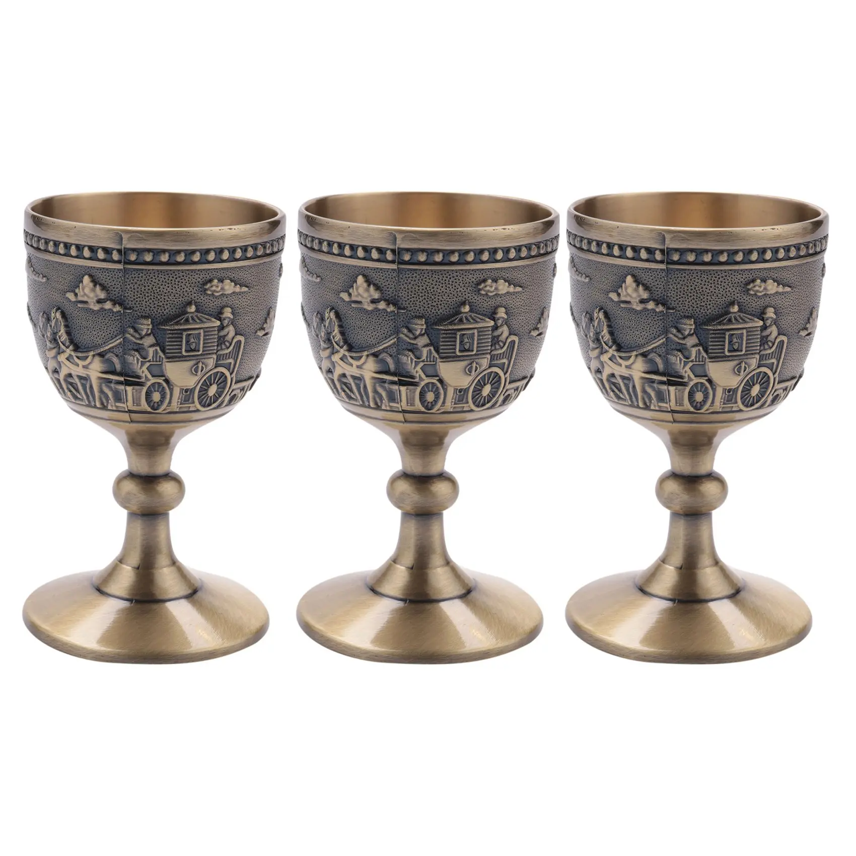 

3X Classical Metal Wine Cup Handmade Small Goblet Household Copper Wine Glass Carving Pattern