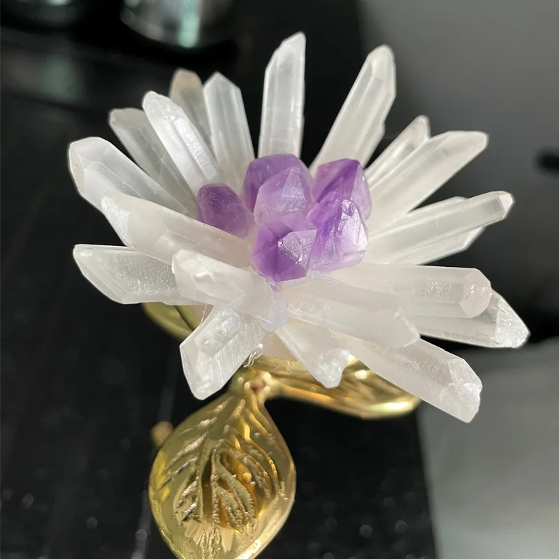 Brass Amber Branch Ornament Amethyst Simulation Flower Metal Branches Crystal Base Flowers Home Decoration