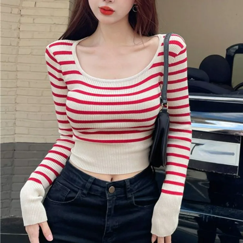 

Square Collar Clavicle-exposed Pull Femme Vintage French Streetwear Bottoming Sweater Y2k Contrast Color Stripe Slim Jumpers