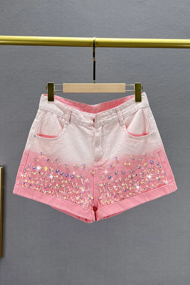 Sequined Denim Shorts Women's Fashion 2023 New Summer High Waist Loose Slim European Station Flanging Wide-Leg Hot Short Pants