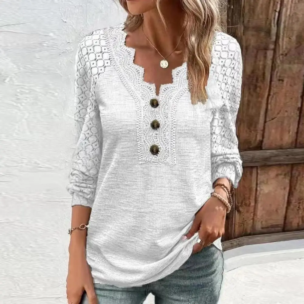 

Women's Spring And Autumn Tops With Cutout Lace Buttons, V-neck Pullover, Patchwork Long-sleeved Women's T-shirt