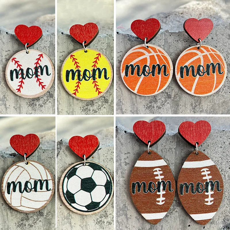 

2023 New Mother's Day Earrings Sports Accessories Mother Gift Mother's Baseball Football Rugby Basketball Love Wooden Ear Rings