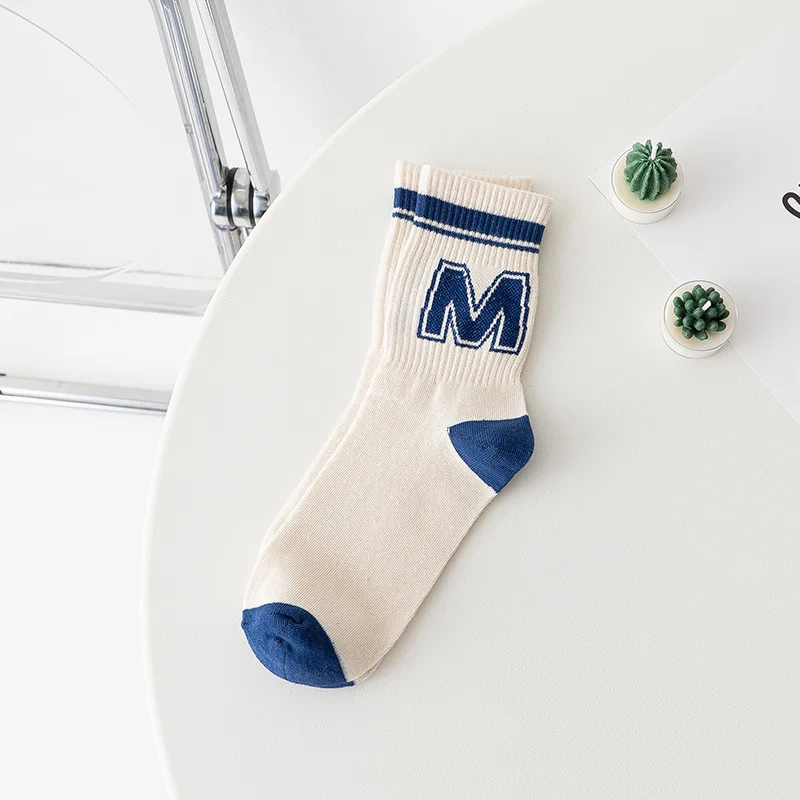 Spring Summer Blue Cotton Socks for Women Ins Fashion Korean Letter Japanese Striped Cool Skateboard Couple Socks Calcetines