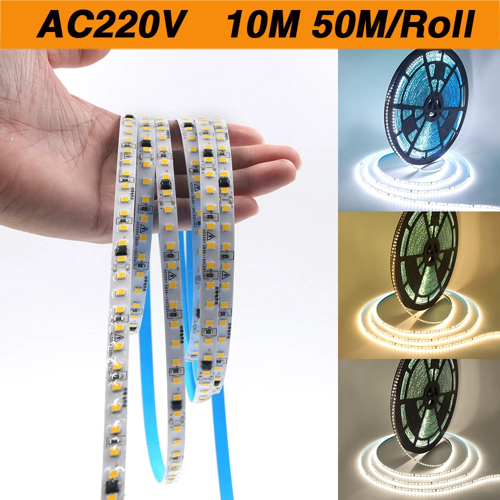10M 50M/Roll AC 220V 240V LED Strip SMD 2835 120Leds/m NO Need Driver IP65 Waterproof Flexible Ribbon Rope LED Tape Light