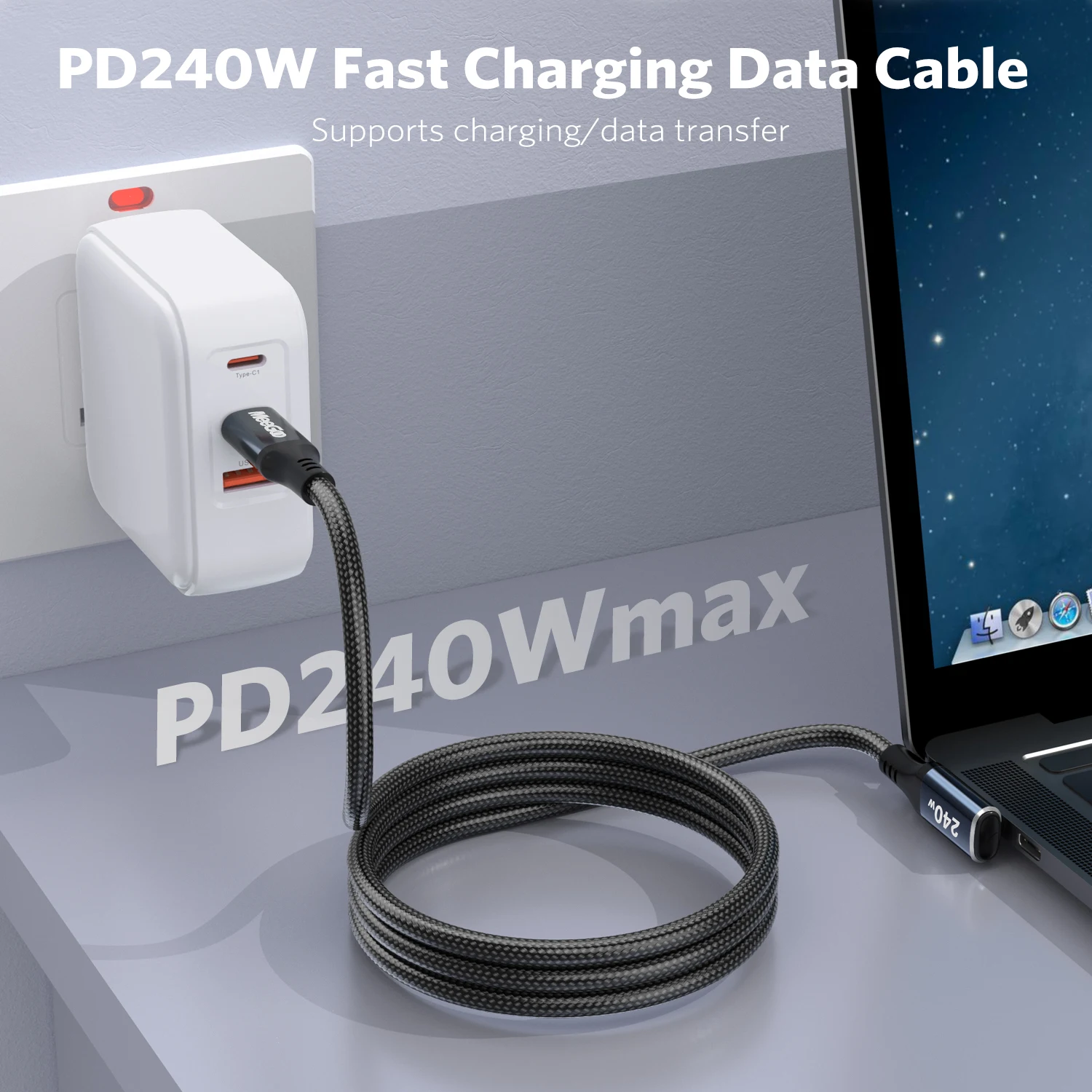 Фото Кабель MeeGoo 240 Вт USB Type C — USB C PD Провод для быстрой зарядки для Macbook Air iPad iPhone 15 Pro Max Xiaomi Dell HP 1/2/3M НОВЫЙ №5