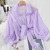 2022 summer solid women chiffon blouse thin short sleeve buttoned up sunscreen shirts loose cardigan outerwear clothing
