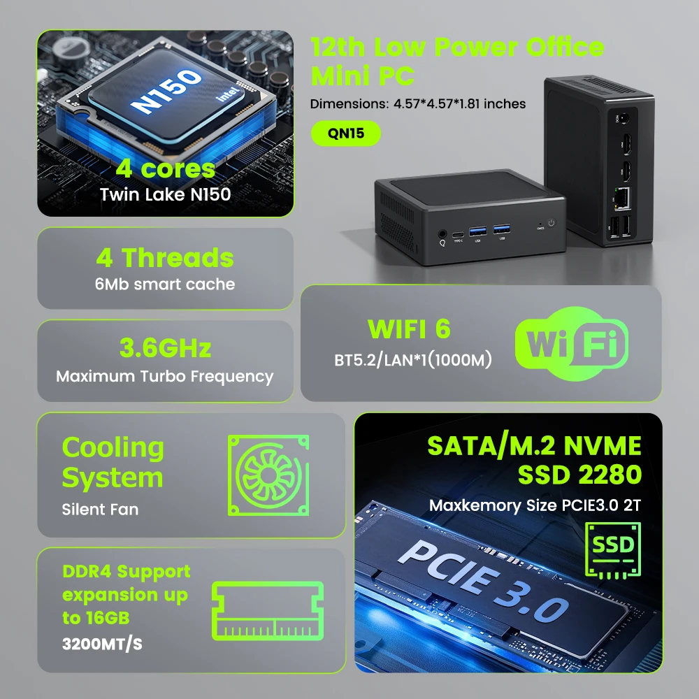 TexHoo Мини-ПК QN15/QN11 Intel N100 8/16 ГБ 128/256/512 ГБ/1/2 ТБ