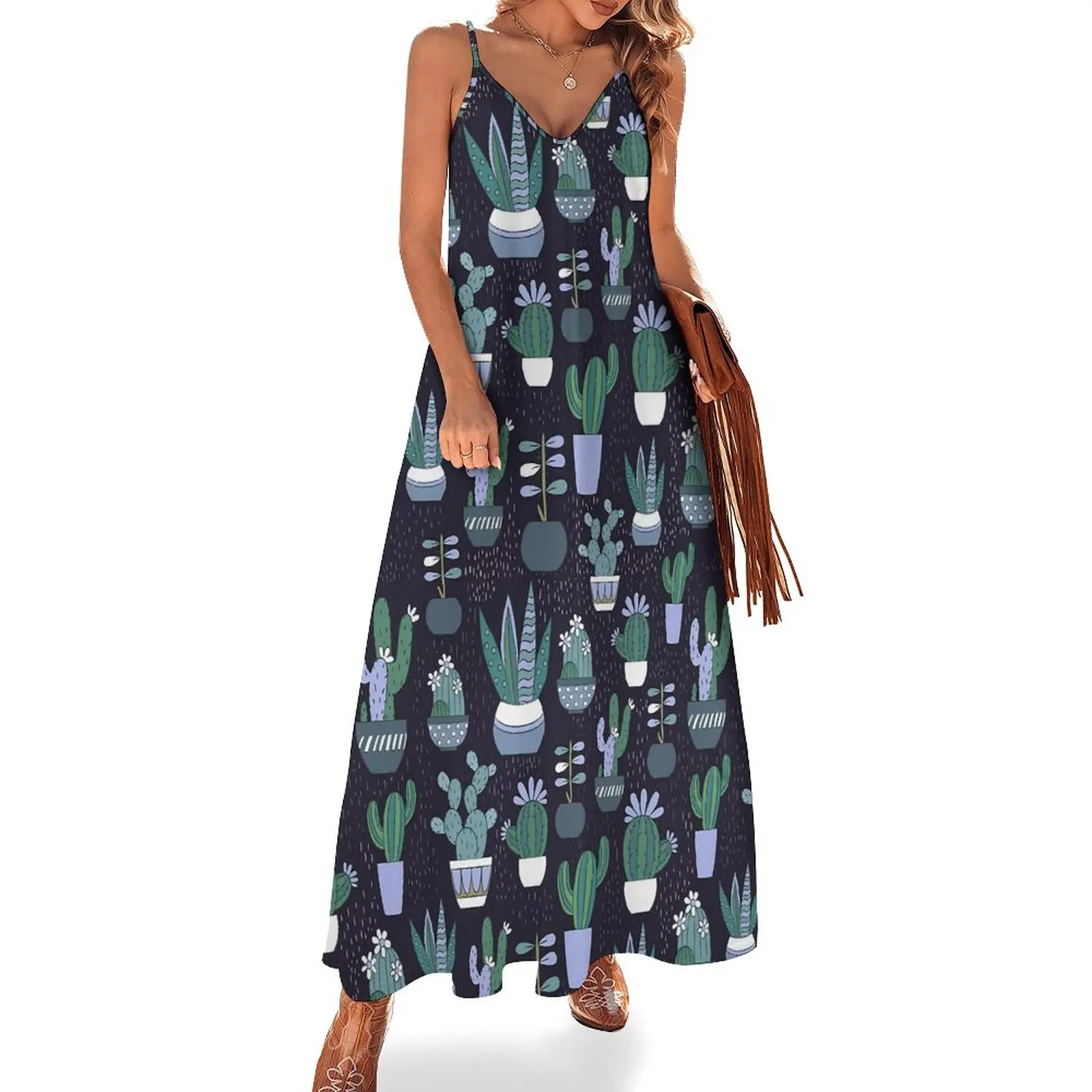 

Cactus Print Dress Funny Plants Party Maxi Dress Spaghetti Strap Street Wear Boho Beach Long Dresses V Neck Big Size Vestido