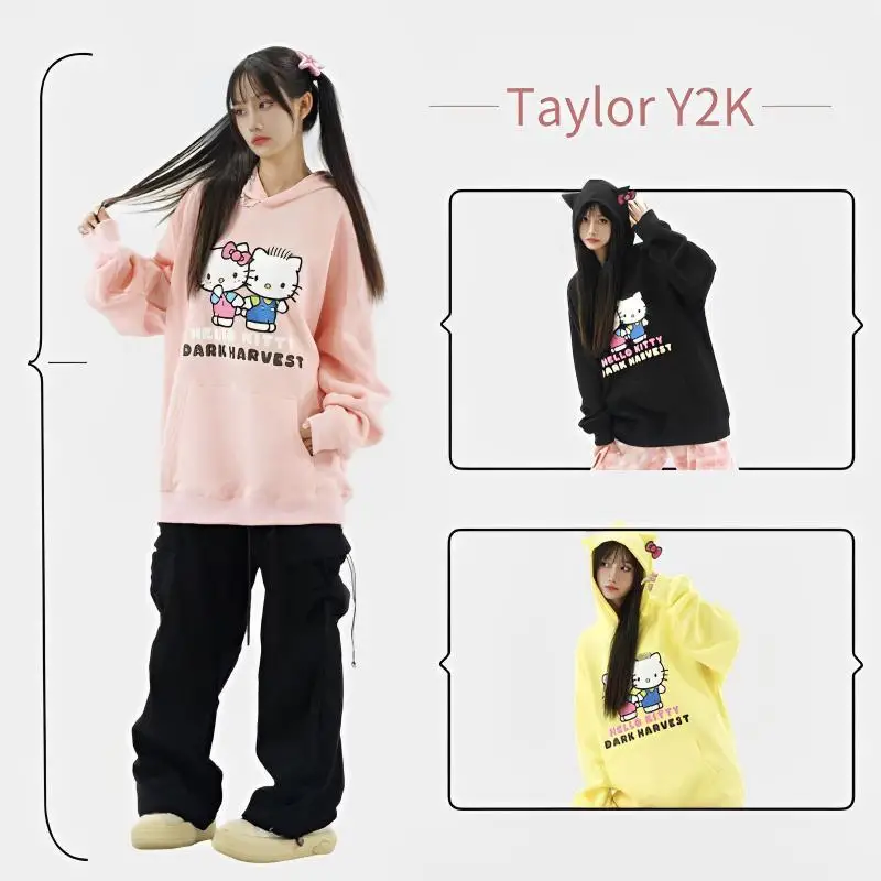 

Sanrio Hello Kitty Hoodie Cartoon Anime Kawaii Bowknot Loose Japanese Top China-Chic Fashion Dopamine Sweethearts Sweater Y2K
