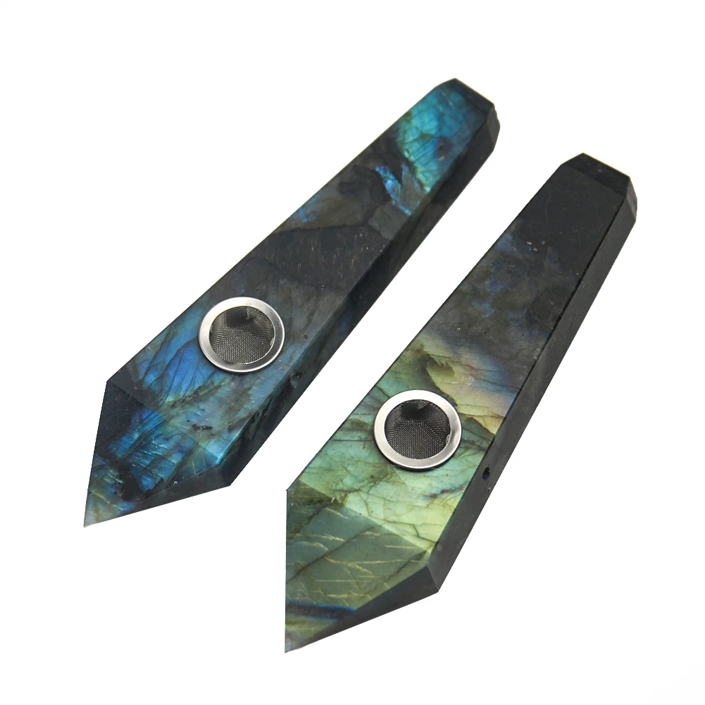 

Natural Quartz Smoking Pipe Crystal Moonstone Crystal Point Wand Healing Gemstone Art Hexagonal Prism with Metal Filter