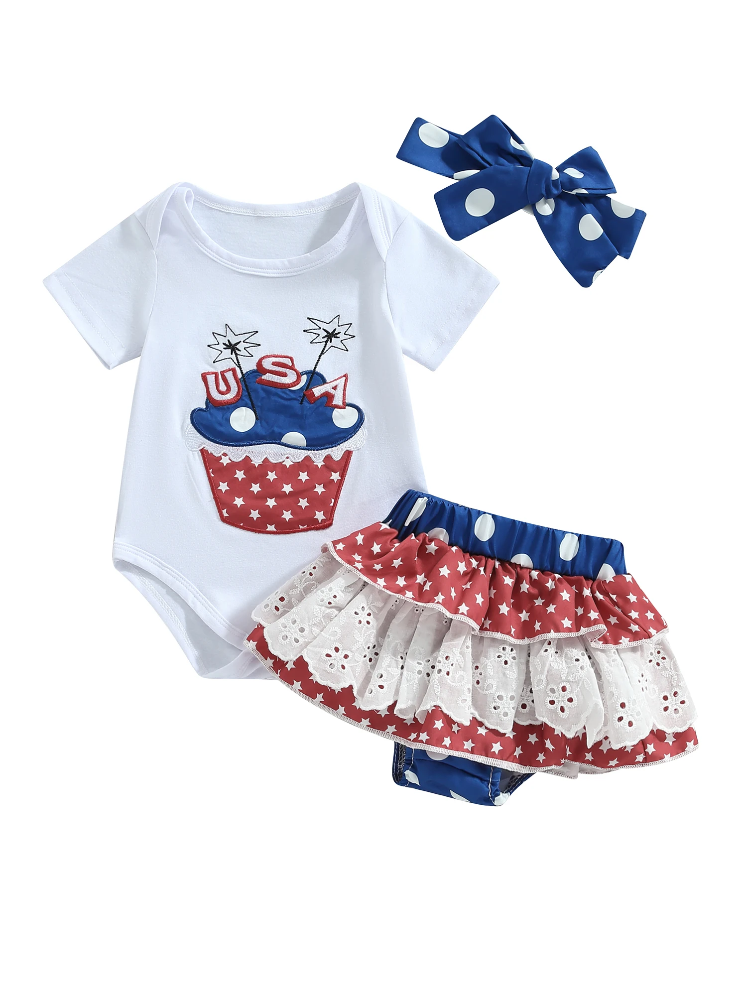 

Baby Girls Shorts Set Stars Print Short Sleeve Romper with Elastic Waist Shorts and Hairband Summer Outfit for Independence Day