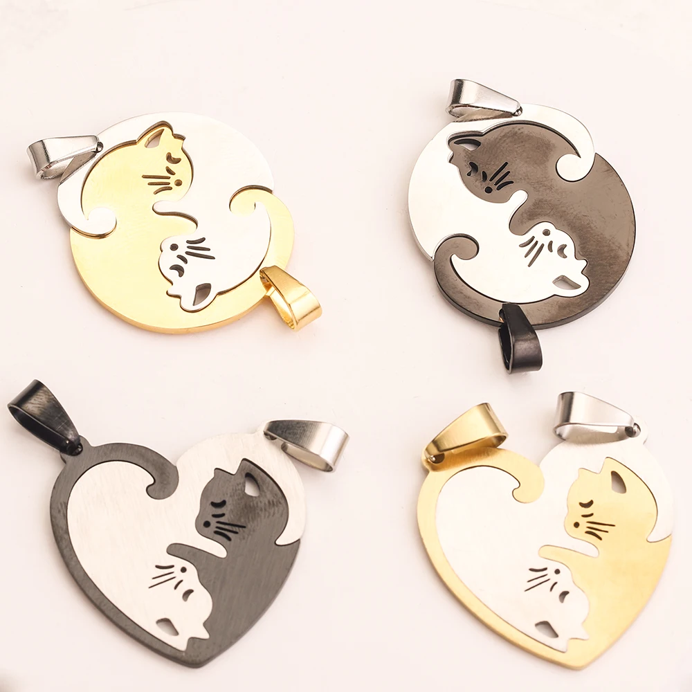 

1 pair Stainless steel Cute cat charm Necklace Heart Jewelry Gift Set lovely Valentine's Day present For Women Paired Pendant