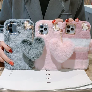 luxury love pendant phone case for iphone 12 pro max 13 11 x xs xr 8 7 6 6s plus se 2022 5s 5c cute warm winter plush fur covers free global shipping