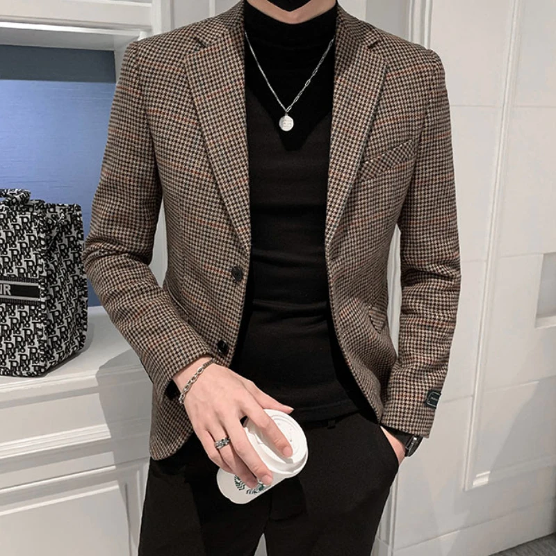 

2021 осень зима клетчатые мужские блейзеры корейский Тонкий шерстяной повседневный костюм куртка свадебное Деловое платье пальто уличная од...
