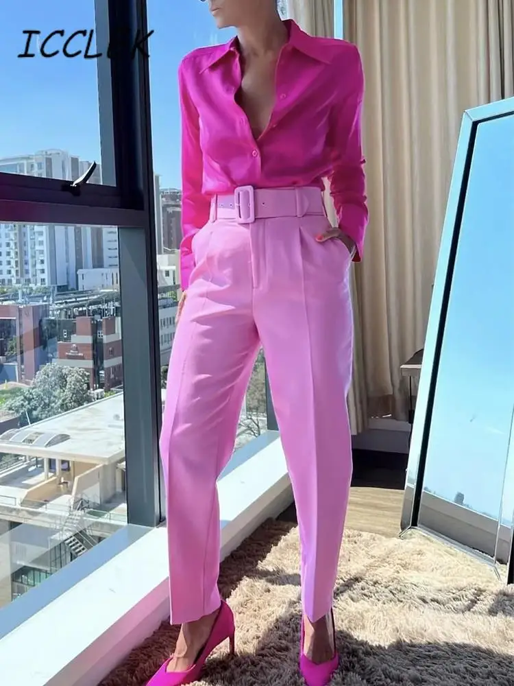 

Icclek Elegant Long Sleeve Solid V-Neck Chiffon Blouse Summer Women Tops Pink Silky Soft Blouse Female Office Shirts Casual Tops