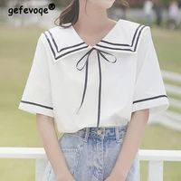 korean college sweet white t shirt harajuku sailor collar tops fashion japan student women clothes summer solid casual pullovers