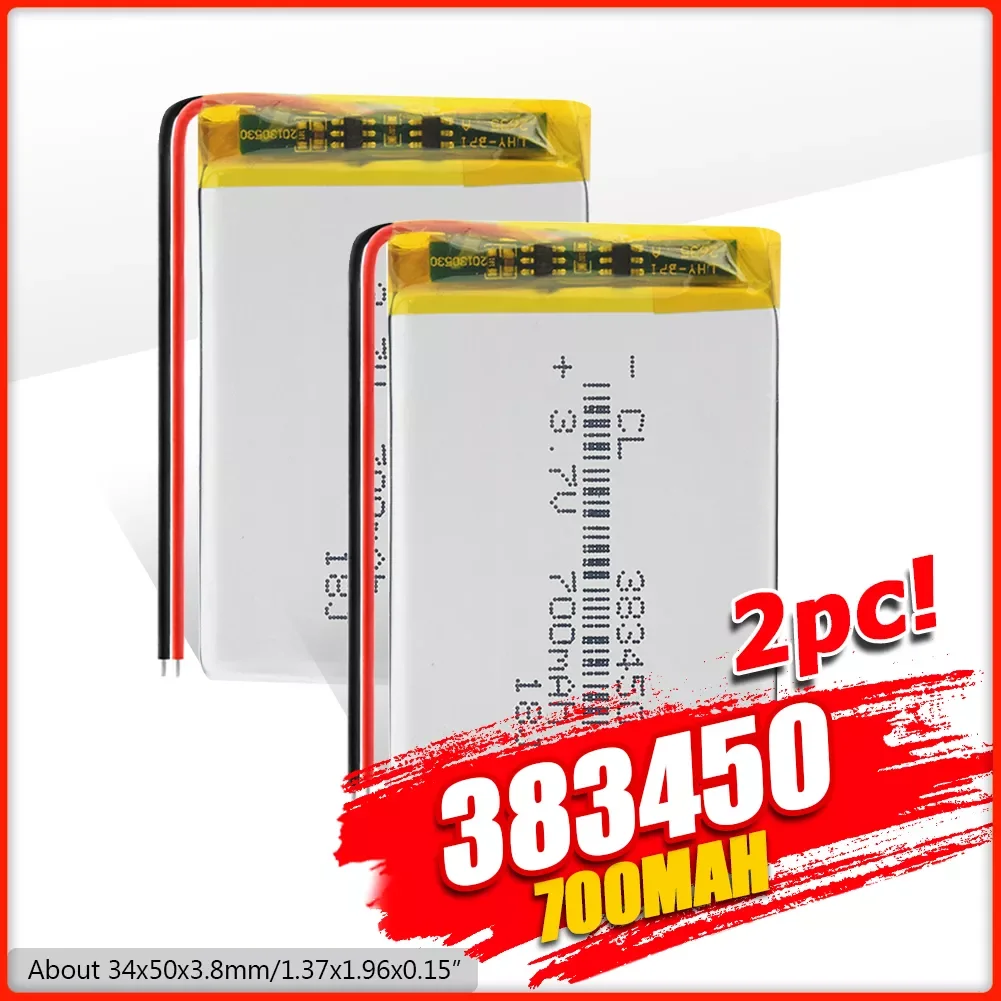 

2023NEW 1/2/4 Pieces 3.7V 700mAh 383450 Lithium Polymer Battery 3.7 Volt Lipo Battery For GPS DVD DVR Remote Control E-book IPod