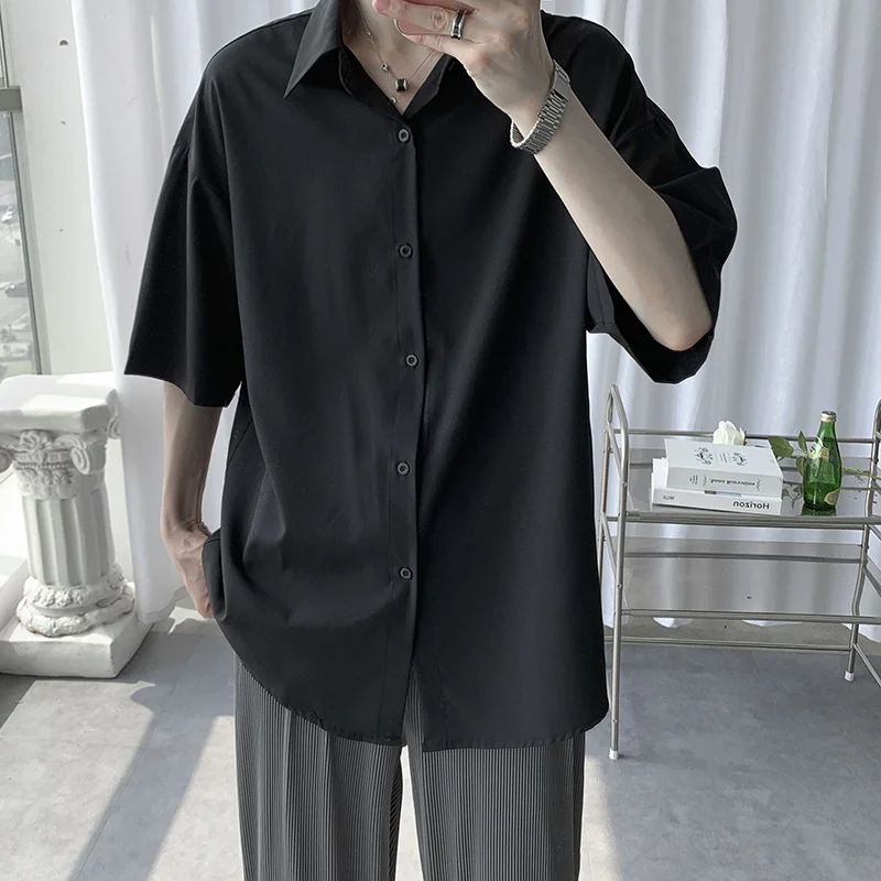 Black Grey White Shirt Men Fashion Society Mens Dress Shirt Korean Loose Short Sleeve Shirt Mens Casual Ice Silk Shirt M-3XL