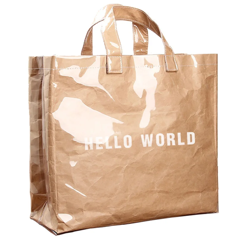 

Large Capacity Kraft Paper Women Handbag Shopping Bag PVC Waterproof Totes Bag Vintage Design Pleated Women Bag