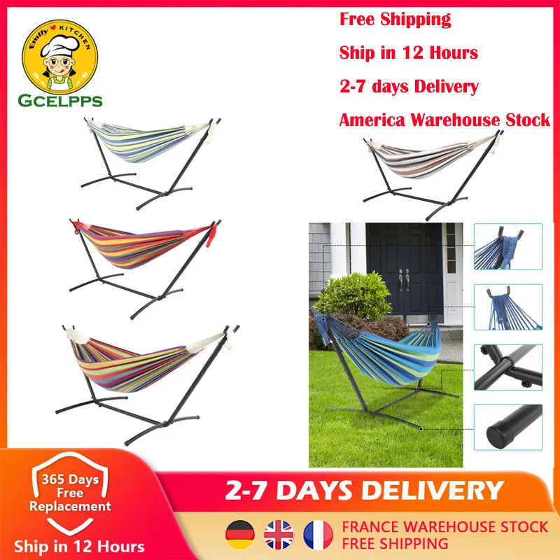 Outdoor Hammock Portable Garden Hammock Sports Home Travel Camping Hammock Canvas Stripe Hang Bed Hammock Frame Set