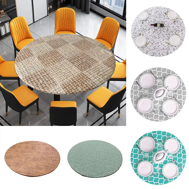 

Waterproof Stain-Resistant Tablecloth Round Dust-Proof Plastic Fitted Table Cover Home Dining Room Elastic Fitted Table Cloth