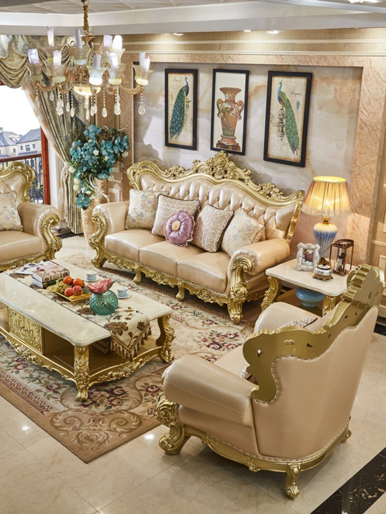 

High quality European leather sofa luxury living room furniture all solid wood oak dream champagne segmented furniture
