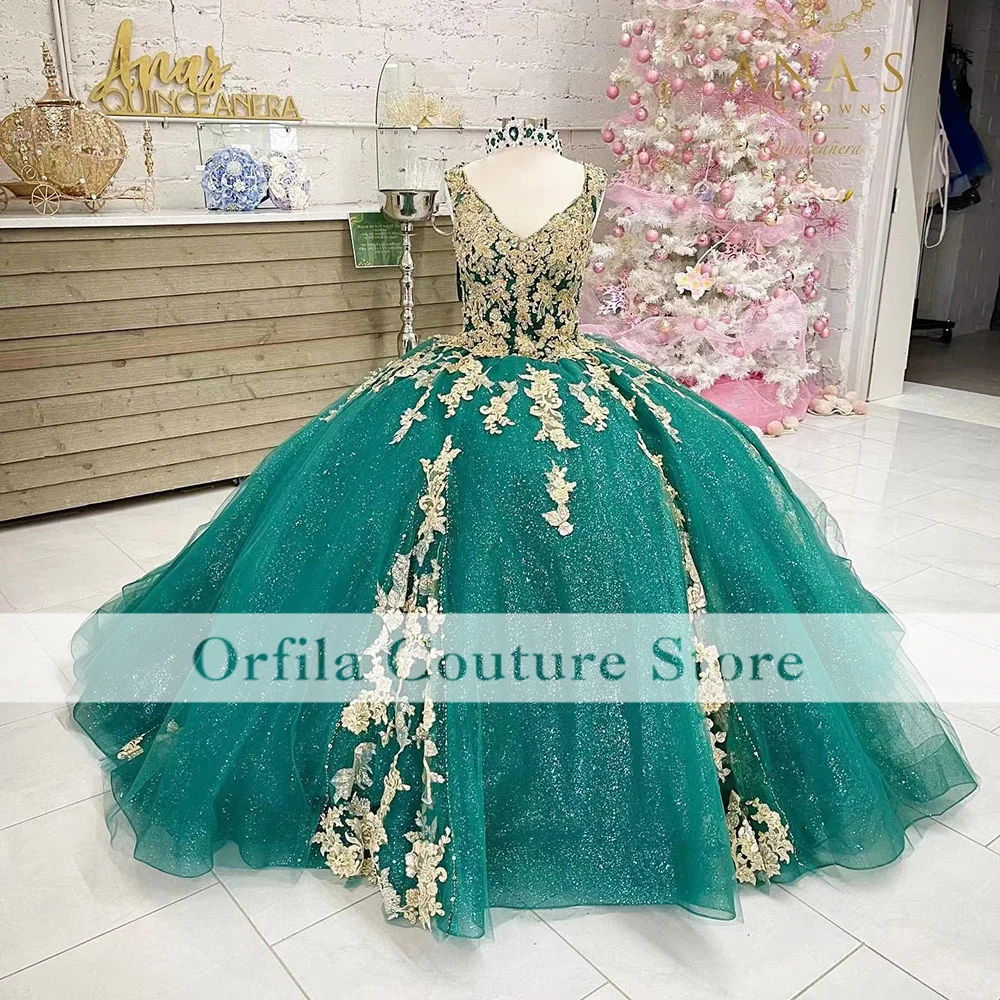 

Princess Quinceanera Dresses Hunter Green Gold Appliques Vestidos De 15 Años Custom Size Ball Gown Prom Party Wear