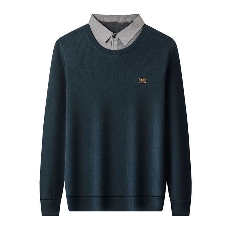 Romon Winter New Young and Middle-Aged Fake Two-Piece Bottoming Shirt Men Lapel Long sleeves Fleece-lined Thickened War...