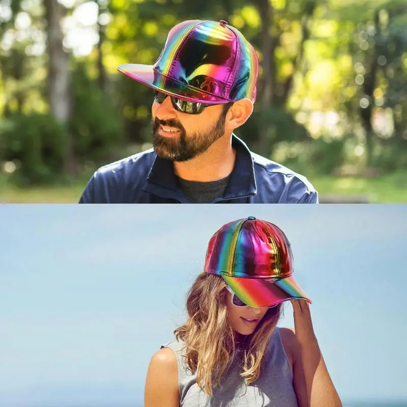 

Cool Rainbow Reflective Hip Hop Caps Shiny Street Dance Skateboard Snapback Hats Reflective Snapback Hat For Rave Cosplay Casual