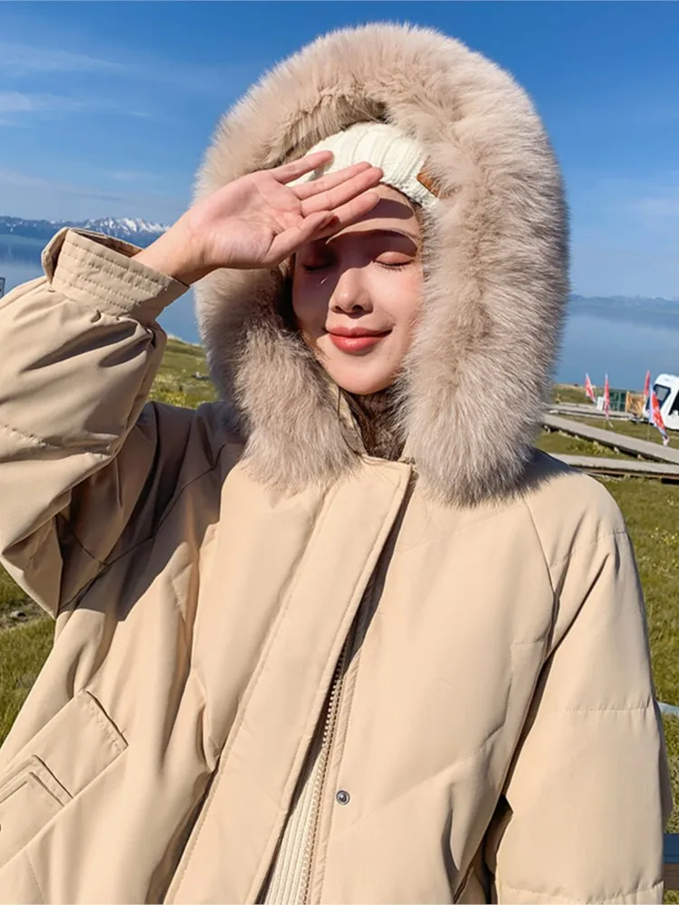 Winter Women's Purple Cotton Coat Casual Thick Warm Fur Collar Hooded Long Parkas Female Fashion Outwear 2022 New