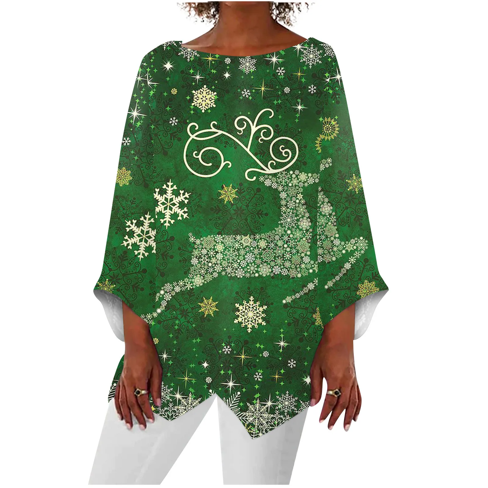 

Christmas Print Sweatshirts Women Fashion O-neck Pullovers Christmas Elk Snowflake Hoodies Long Sleeve Irregular Hem Tops Femme